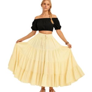 Women's 25 Yard Cotton Gypsy Belly Dance 4-Tiered A-Line Pleated Maxi Long Boho Dance Tribal Skirt