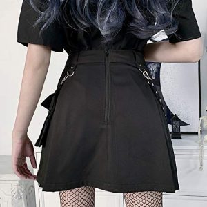 51QAHTKJeyL.jpg Goth Black Pleated Mini Skirt with Chain High Waisted Tennis Skirt