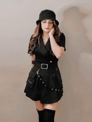 Goth Black Pleated Mini Skirt with Chain High Waisted Tennis Skirt