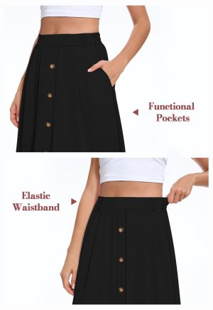 Women's Flowy Midi Skirt Summer Pleated High Waisted Casual Button Front Skirts with Pockets