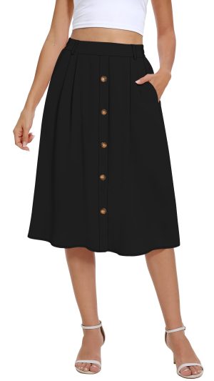 Women's Flowy Midi Skirt Summer Pleated High Waisted Casual Button Front Skirts with Pockets