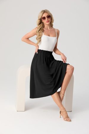 Womens Causal High Waisted Summer Midi Skirts Flowy Palazzo A-Line Long Skirt with Pockets