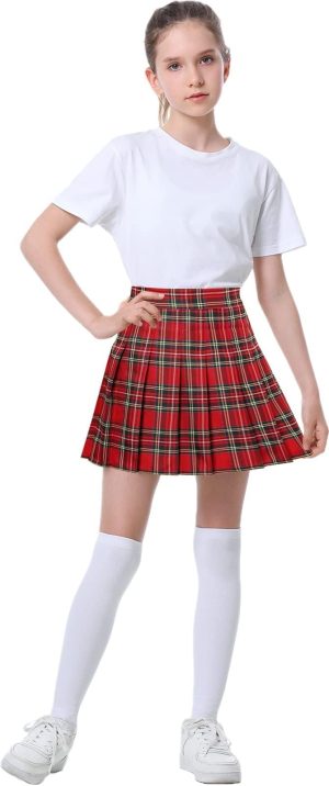 Women Girls Pleated Skirts with Shorts, Elastic Waist Uniform Plus Size Tennis Casual Skirt, 2 Years - US 4XL