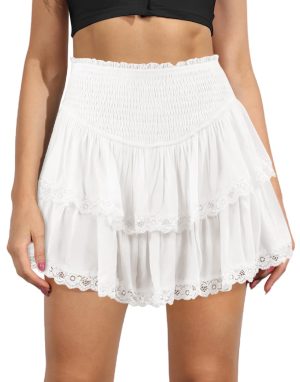 Women's Cute High Waist Ruffle Mini Skirt Layered Ruffle Hem Flared Flowy Casual Swing Beach Mini Short Skirt