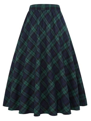 Women’s Plaid Skirt Elastic Waist A-line Midi Pleated Skirts