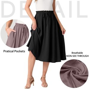 Womens Causal High Waisted Summer Midi Skirts Flowy Palazzo A-Line Long Skirt with Pockets