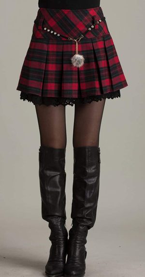 Women's A-Line Plaid Wool Blend Pleated Skirt Side Zipper