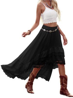 Women's Western Boho Lace Ruffle Skirt Asymmetrical Country Cowgirl Skirts