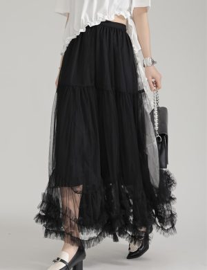Women's Maxi Tulle Skirt Long Tiered A Line Mesh Tutu Fairy High Elastic Waist Pleated Layered Skirts