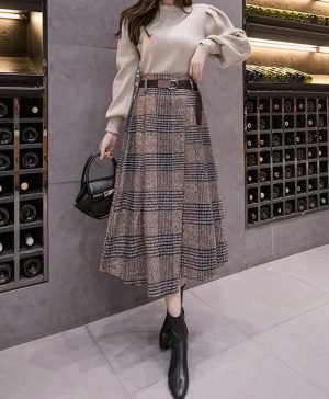 61N7PNazceL.jpg Women's Vintage Plaid Wool Blend Midi Skirt Houndstooth A Line Wool Long Skirt with Belt
