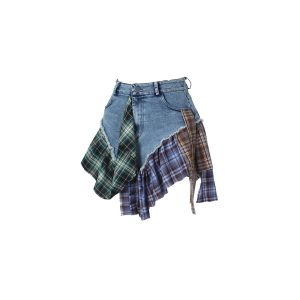 Gothic European and American Women's Clothing, Sexy Irregular Plaid Skirt, Design Sense Patchwork Denim Short Skirt