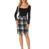 Women's Wool Plaid Print High Waist Zipper Bodycon Fall Pencil Midi Skirt Knee Length