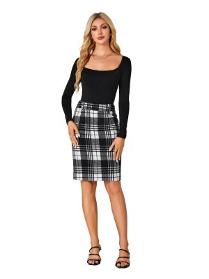 Women's Wool Plaid Print High Waist Zipper Bodycon Fall Pencil Midi Skirt Knee Length