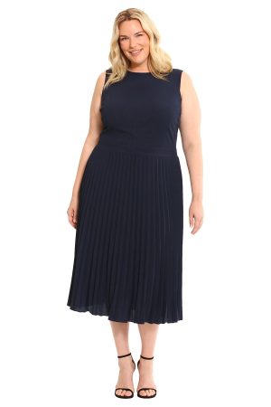 Women's Sleeveless Stretch Light Bubble Crepe Pleated Skirt Midi Dress