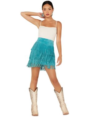 Women's Fringe Tiered Suede Mini Skirt - L704-Trq