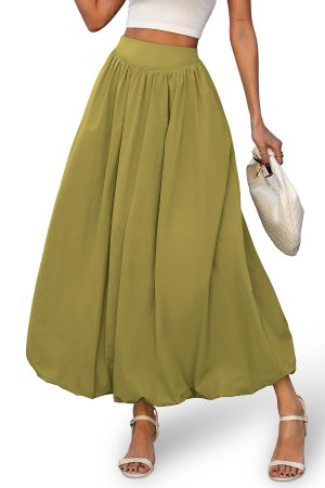 Women's Bubble Maxi Skirt with Pockets，Elastic Waist Puffy Hem Y2k Skirt Casual A Line Long Skirts