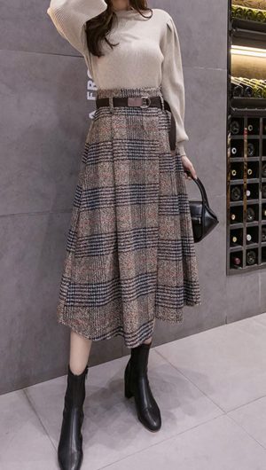 61xxe6hrVL.jpg Women's Vintage Plaid Wool Blend Midi Skirt Houndstooth A Line Wool Long Skirt with Belt