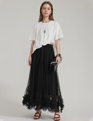 Women's Maxi Tulle Skirt Long Tiered A Line Mesh Tutu Fairy High Elastic Waist Pleated Layered Skirts