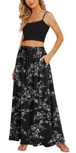 Women's Flowy Maxi Skirt Summer Pleated High Waisted Casual Long Skirts with Pockets