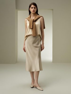 710iQyWR2IL.jpg Silk Midi Skirt Bias-Cut 32Momme Double-Faced 100% Silk Charmeuse Side Slit Hem Waistband