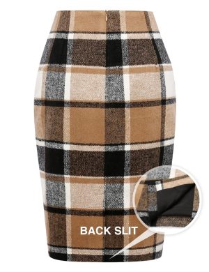 Midi Plaid Skirts for Women Fall Winter Knee Length Pencil Wool Skirt with Slit
