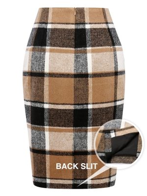 Midi Plaid Skirts for Women Fall Winter Knee Length Pencil Wool Skirt with Slit