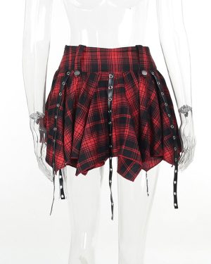 Womens Punk Plaid Skirt Gothic Pleated Mini Skirts A Line Grunge Harajuku Half Skirted Y2K Emo Checkered Skirt