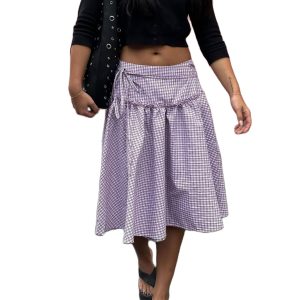 Y2k Plaid Midi Skirt for Women High Waist Tie Up Ruffle Trim Swing A Line Gingham Skirts Vintage Aesthetic Streetwear