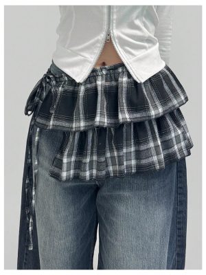 Women's Plaid Layered Ruffle Side Tie Y2k Low Rise Coquette Wrap Micro Mini Skirt
