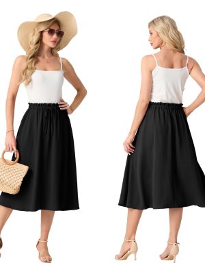 Womens Causal High Waisted Summer Midi Skirts Flowy Palazzo A-Line Long Skirt with Pockets
