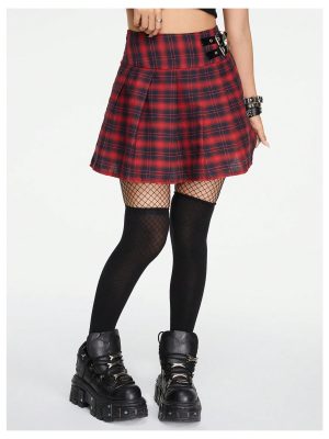 7149lOi8D7L.jpg Women's Y2K Plaid Skirt Print Flared Hem Mini Skirt Pleated A Line Short Skirts