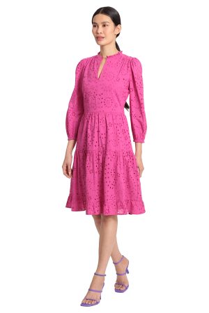 Women's Mini Ruffle Mock Neck Eyelet Dress with Tiered Skirt