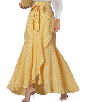 Women's Casual Plaid Mermaid Maxi Skirt A Line Irregular Ruffle Hem Fishtail Long Skirt Spring Summer