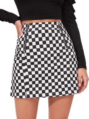 Women's Elegant Mid Waist Above Knee O-Ring Zipper Plaid Mini Skirt