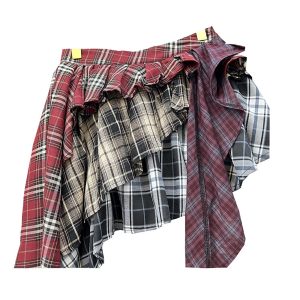 71G0GmaMD8L.jpg Women's Y2k High Waist Plaid Patchwork Tiered Pleated Asymmetrical Hem Mini Skirt
