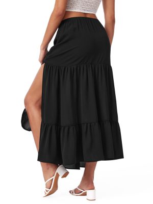 Midi Skirts for Women Split Hem Elastic High Waistd Boho Flowy Long Maxi Skirts
