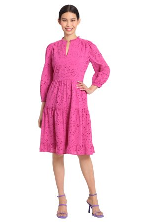 Women's Mini Ruffle Mock Neck Eyelet Dress with Tiered Skirt