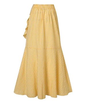Women's Casual Plaid Mermaid Maxi Skirt A Line Irregular Ruffle Hem Fishtail Long Skirt Spring Summer