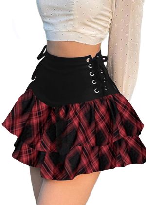 71MLOopQt-L.jpg Womens Gothic Skirt Y2k 2000s Girl Mall Goth Punk Skirts High Waist Lace-Up Ruffle Fairy Grunge Mini Skirts
