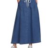 Denim Skirts for Women Trendy A Line Long Maxi Pull On Elastic Waist Drawstring Stretchy Jean Skirt with Pockets