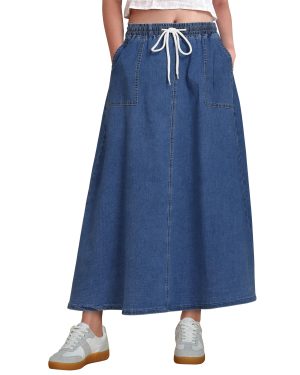 Denim Skirts for Women Trendy A Line Long Maxi Pull On Elastic Waist Drawstring Stretchy Jean Skirt with Pockets