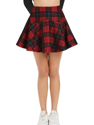 Women's Vintage Elastic Waist Plaid Flared Mini Skater Skirt