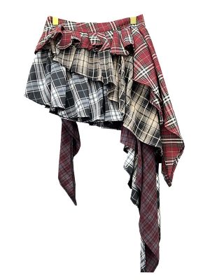 Women's Y2k High Waist Plaid Patchwork Tiered Pleated Asymmetrical Hem Mini Skirt
