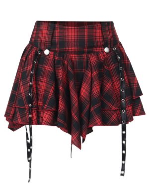 Womens Plaid Skirt Y2k Gothic Clothes High Waisted Irregular Ribbon Puffy Steampunk Mini Skorts