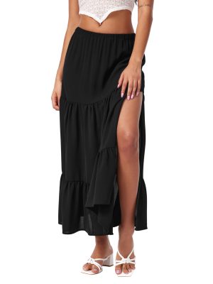 Midi Skirts for Women Split Hem Elastic High Waistd Boho Flowy Long Maxi Skirts