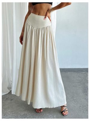 Women's Pleated Flowy Long Skirts High Waist Maxi Skirt with Pocket