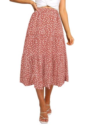 Women's Boho Leopard Print Skirt Pleated A-Line Swing Midi Skirts