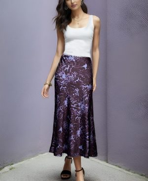 71cohjH-wPL.jpg Womens Leopard Print Skirt Midi Long Length Silk Satin High Waist Elastic Skirts