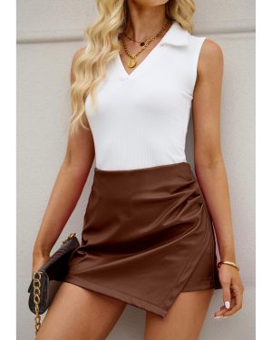 Shorts for Women Faux Leather Skorts High Waisted PU Leather Shorts Elastic Waist Ruched Wrap Skorts Skirts