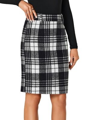 Women's Wool Plaid Print High Waist Zipper Bodycon Fall Pencil Midi Skirt Knee Length